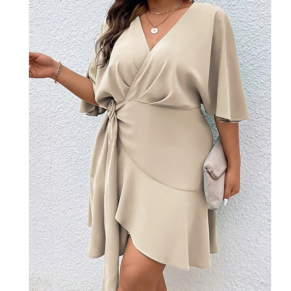 Plus Rust Brown solid Batwing Sleeve Ruffle Hem Mini Dress - Picture 5 of 10